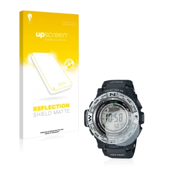 Front side of a product packaging with the brand logo upscreen. Next to it is the device Casio Pro Trek PRW-3500-1 shown with 