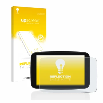 Front side of a product packaging with the brand logo upscreen. Next to it is the device TomTom Go Expert 7