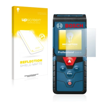 Front side of a product packaging with the brand logo upscreen. Next to it is the device Bosch GLM 40 Professional shown with 