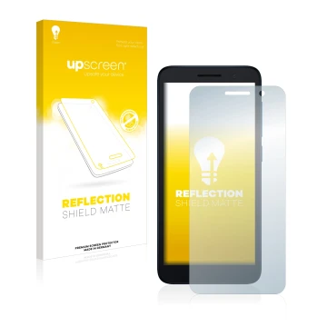 Front side of a product packaging with the brand logo upscreen. Next to it is the device Alcatel 1 (2021) shown with the corre