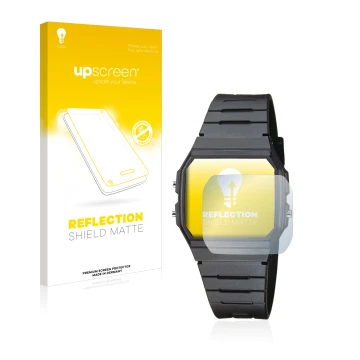 Front side of a product packaging with the brand logo upscreen. Next to it is the device Casio Collection Unisex F-91W shown w