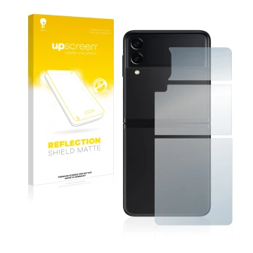 Front side of a product packaging with the brand logo upscreen. Next to it is the device Samsung Galaxy Z Flip 3 5G (Back) sho