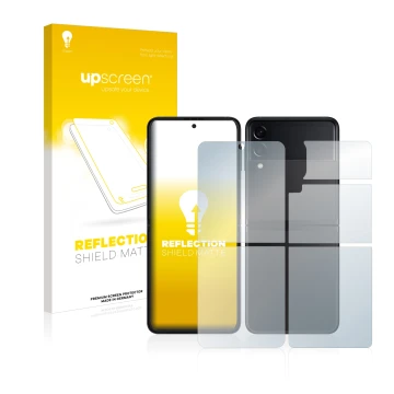 Front side of a product packaging with the brand logo upscreen. Next to it is the device Samsung Galaxy Z Flip 3 5G (Front+Bac