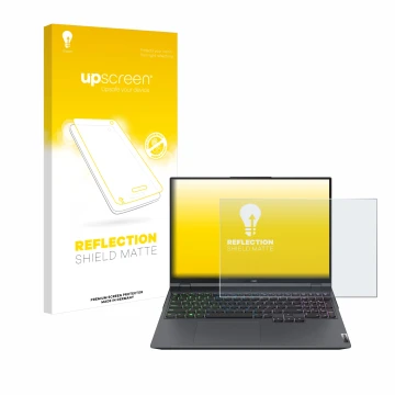 Front side of a product packaging with the brand logo upscreen. Next to it is the device Lenovo Legion 5 Pro shown with the co