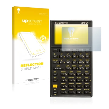 Front side of a product packaging with the brand logo upscreen. Next to it is the device SwissMicros DM42 shown with the corre