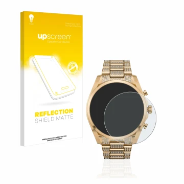 Front side of a product packaging with the brand logo upscreen. Next to it is the device Michael Kors Access Gen 6 Bradshaw sh