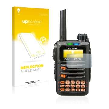 Front side of a product packaging with the brand logo upscreen. Next to it is the device Yaesu FT-70DR shown with the correspo