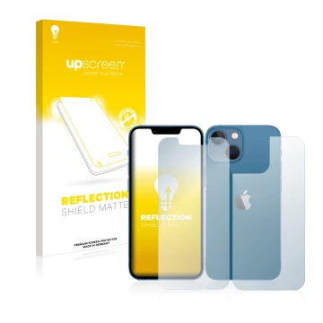 Front side of a product packaging with the brand logo upscreen. Next to it is the device Apple iPhone 13 mini (Front+Back) sho