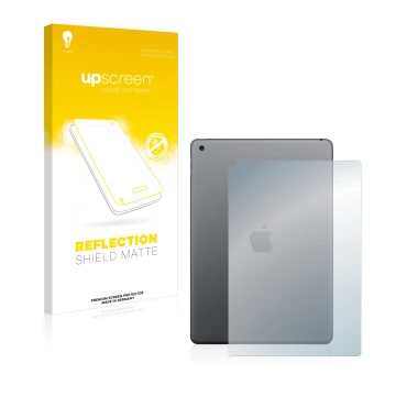 Front side of a product packaging with the brand logo upscreen. Next to it is the device Apple iPad 10.2