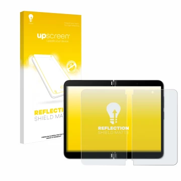 Front side of a product packaging with the brand logo upscreen. Next to it is the device Microsoft Surface Duo 2 (Inner displa