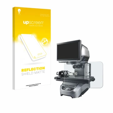 Front side of a product packaging with the brand logo upscreen. Next to it is the device Keyence IM-8030 Glass plate shown wit