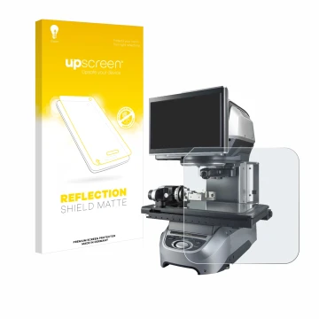 Front side of a product packaging with the brand logo upscreen. Next to it is the device Keyence IM-8020 Glass plate shown wit