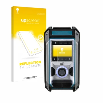 Front side of a product packaging with the brand logo upscreen. Next to it is the device Makita DMR115 shown with the correspo