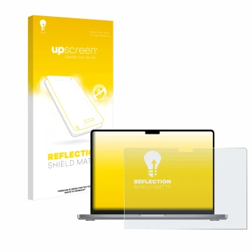 Front side of a product packaging with the brand logo upscreen. Next to it is the device Apple MacBook Pro 14