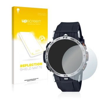 Front side of a product packaging with the brand logo upscreen. Next to it is the device Casio Pro Trek PRW-30-1AER shown with