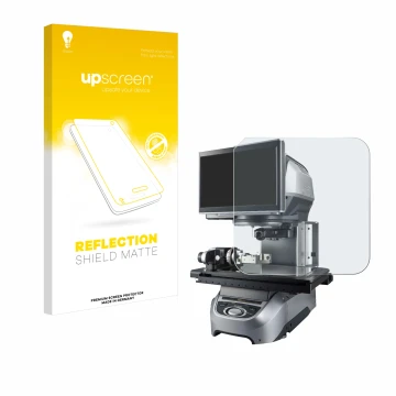 Front side of a product packaging with the brand logo upscreen. Next to it is the device Keyence IM-7020 Glass plate shown wit