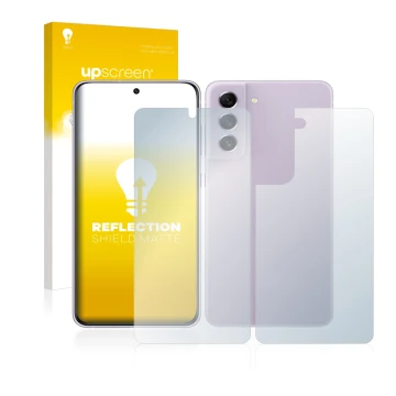 Front side of a product packaging with the brand logo upscreen. Next to it is the device Samsung Galaxy S21 FE 5G (Front+Back)