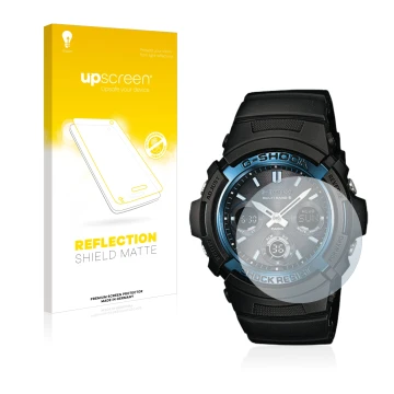 Front side of a product packaging with the brand logo upscreen. Next to it is the device Casio AWG M100 shown with the corresp