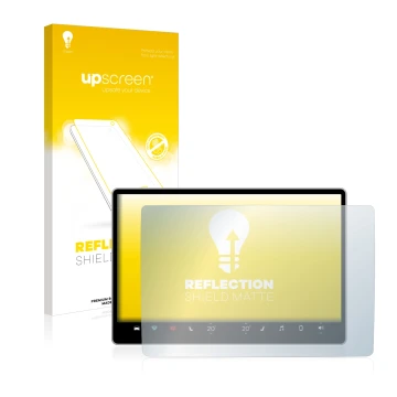 Front side of a product packaging with the brand logo upscreen. Next to it is the device Tesla Model Y Infotainment System 15.