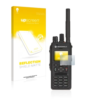 Front side of a product packaging with the brand logo upscreen. Next to it is the device Motorola MTP3550 shown with the corre