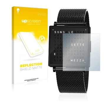 Front side of a product packaging with the brand logo upscreen. Next to it is the device Qlocktwo W35 shown with the correspon