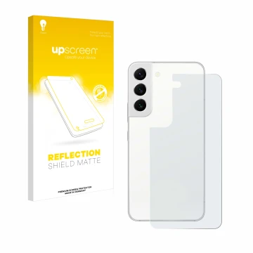 Front side of a product packaging with the brand logo upscreen. Next to it is the device Samsung Galaxy S22 5G (Back) shown wi