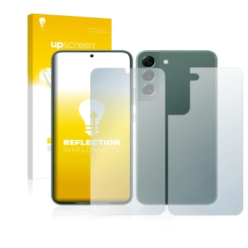 Front side of a product packaging with the brand logo upscreen. Next to it is the device Samsung Galaxy S22 Plus 5G (Front+Bac