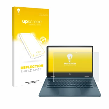 Front side of a product packaging with the brand logo upscreen. Next to it is the device HP Chromebook x360 (14b-cbX) shown wi