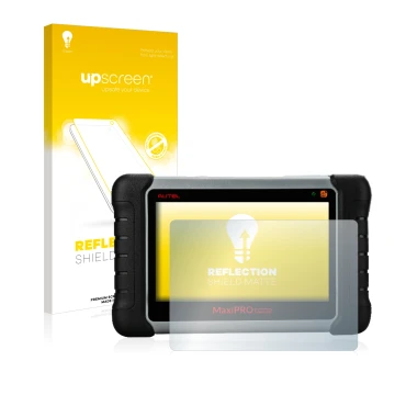 Front side of a product packaging with the brand logo upscreen. Next to it is the device Autel MaxiPRO MP808TS shown with the 