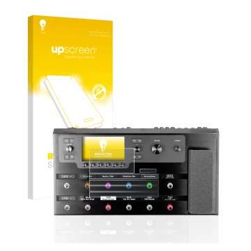 Front side of a product packaging with the brand logo upscreen. Next to it is the device Line 6 Helix Floor shown with the cor