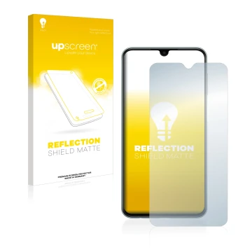 Front side of a product packaging with the brand logo upscreen. Next to it is the device Samsung Galaxy M23 shown with the cor