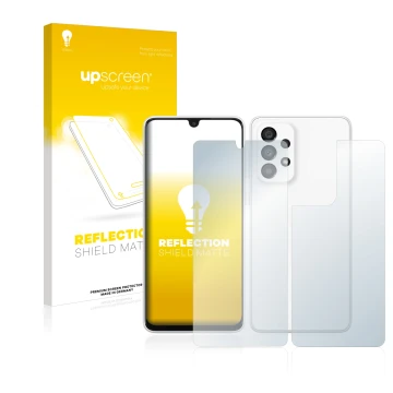 Front side of a product packaging with the brand logo upscreen. Next to it is the device Samsung Galaxy A33 5G (Front+Back) sh