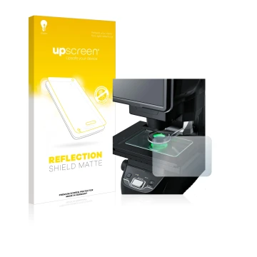 Front side of a product packaging with the brand logo upscreen. Next to it is the device Keyence IM-7030 Glass plate shown wit