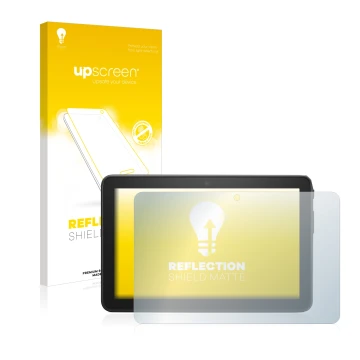 Front side of a product packaging with the brand logo upscreen. Next to it is the device Amazon Fire 7 2022 shown with the cor