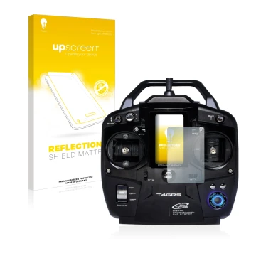 Front side of a product packaging with the brand logo upscreen. Next to it is the device Futaba T4GRS shown with the correspon