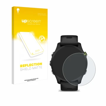 Front side of a product packaging with the brand logo upscreen. Next to it is the device Garmin Forerunner 255 Music shown wit
