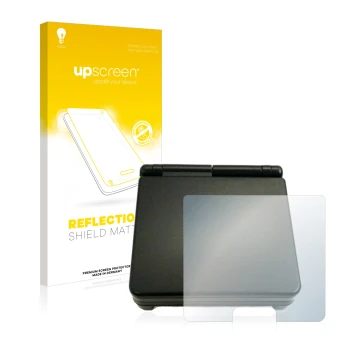Front side of a product packaging with the brand logo upscreen. Next to it is the device Nintendo Gameboy Advance SP (housing)