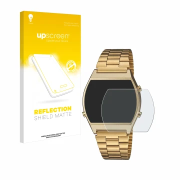 Front side of a product packaging with the brand logo upscreen. Next to it is the device Casio Retro B640WB shown with the cor