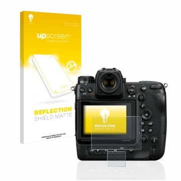Front side of a product packaging with the brand logo upscreen. Next to it is the device Nikon Z 9 (Display + top plate displa