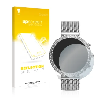 Front side of a product packaging with the brand logo upscreen. Next to it is the device Fossil Stella (6. Gen) shown with the