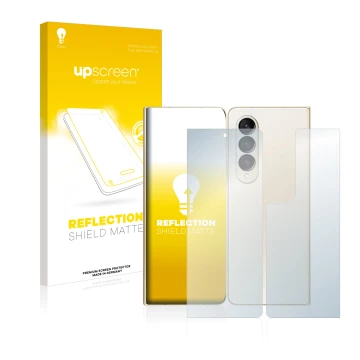 Front side of a product packaging with the brand logo upscreen. Next to it is the device Samsung Galaxy Z Fold 4 (Front+Back) 
