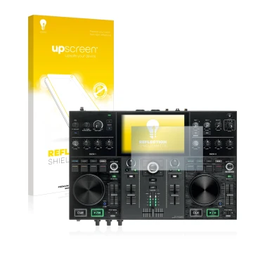 Front side of a product packaging with the brand logo upscreen. Next to it is the device Denon DJ Prime Go shown with the corr