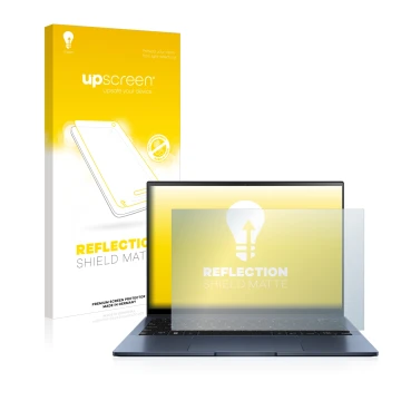 Front side of a product packaging with the brand logo upscreen. Next to it is the device ASUS ZenBook S13 OLED shown with the 