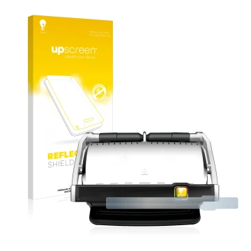 Front side of a product packaging with the brand logo upscreen. Next to it is the device Tefal OptiGrill Elite XL shown with t