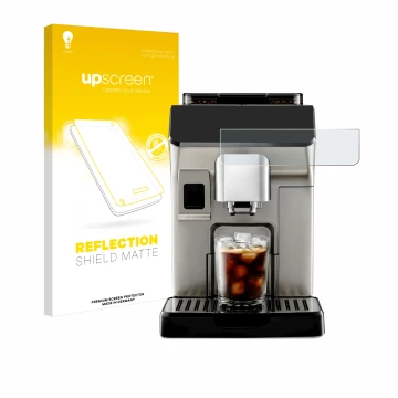 Front side of a product packaging with the brand logo upscreen. Next to it is the device DeLonghi Eletta Explore shown with th