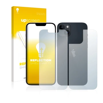 Front side of a product packaging with the brand logo upscreen. Next to it is the device Apple iPhone 14 (Front+Back) shown wi