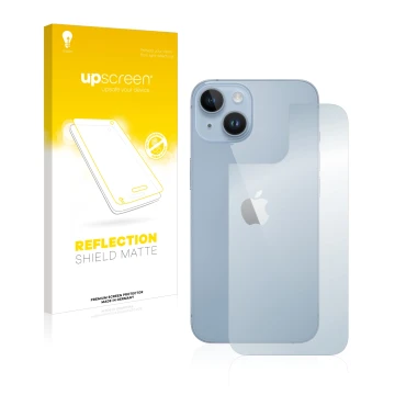 Front side of a product packaging with the brand logo upscreen. Next to it is the device Apple iPhone 14 (Back) shown with the