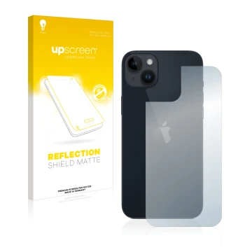 Front side of a product packaging with the brand logo upscreen. Next to it is the device Apple iPhone 14 Plus (Back) shown wit