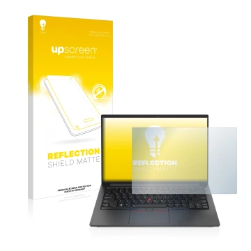 Front side of a product packaging with the brand logo upscreen. Next to it is the device Lenovo ThinkPad E14 Gen 4 shown with 