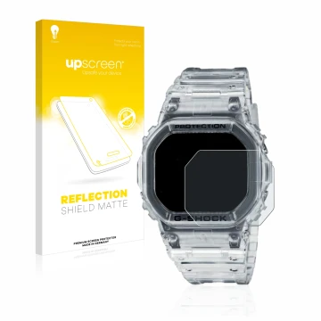 Front side of a product packaging with the brand logo upscreen. Next to it is the device Casio G-Shock DW-5600SKE-7 shown with